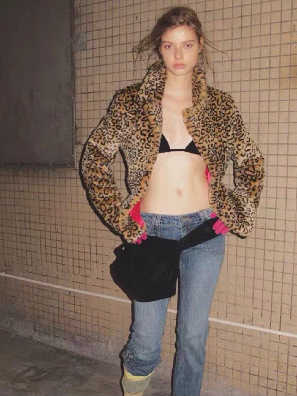 90s style leopard print faux fur coat Kiki style